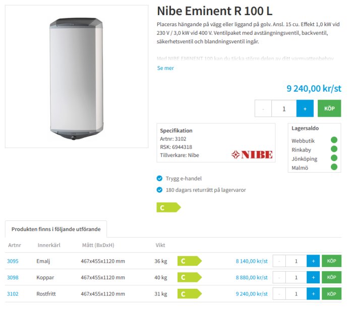 Vit cylinderformad NIBE varmvattenberedare modell Eminent R 100 L med specifikationer och pris.
