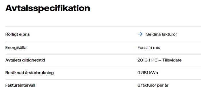 Skärmbild av en avtalsspecifikation som visar rörligt elpris och förbrukningsdetaljer.