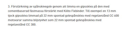 Instruktion om förstärkning av spånskivegolv med Kiilto Fixbinder och gipsskiva för att matcha golvtjocklek.
