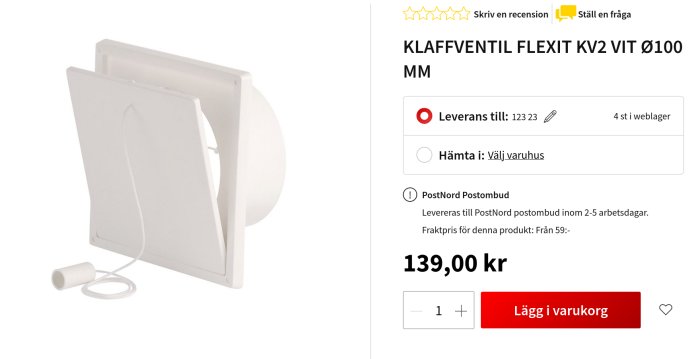 Vit klaffventil Flexit KV2 med öppen klaff och dragtråd framför en vit vägg.