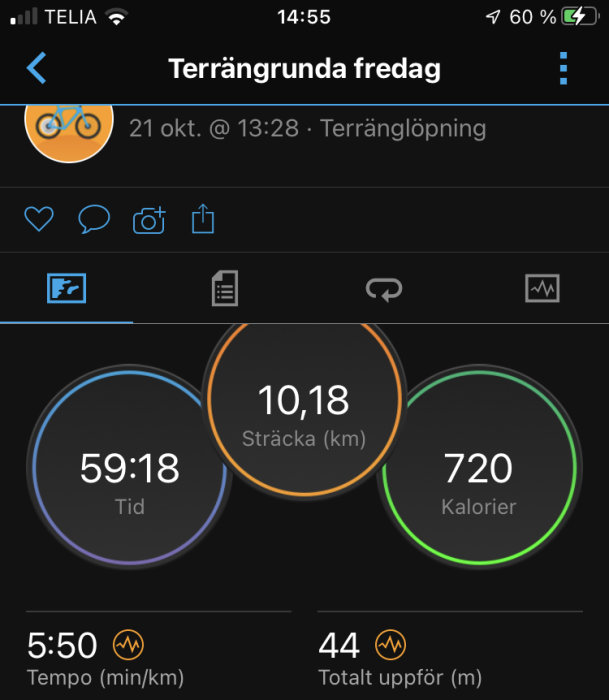 Skärmdump från träningsapp med statistik över terränglöpning: tid 59:18, distans 10,18 km, förbrända kalorier 720.