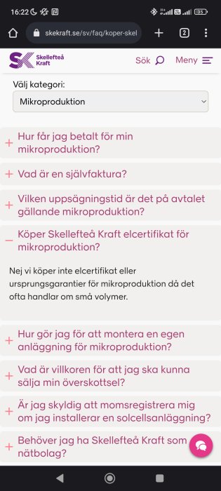 Skärmdump av FAQ-sidan hos Skellefteå Kraft om mikroproduktion av el med öppnad svarsruta.