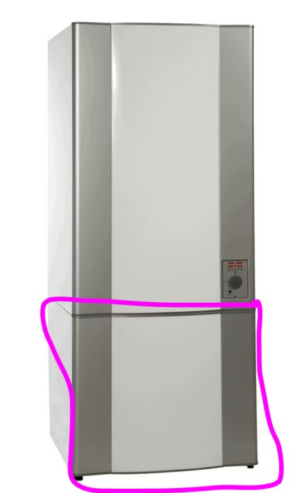 Silvergrå varmvattenberedare med en panel och lucka markerad med lila linje.