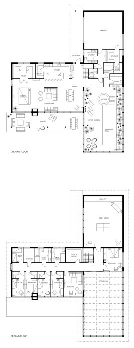 Arkitektritningar av en tvåvåningsvilla med detaljerade planlösningar för båda våningarna.