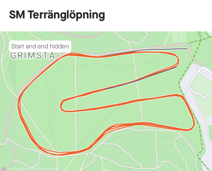 Karta över terränglöpningsbana med röd markerad väg i ett grönt område vid Grimsta.