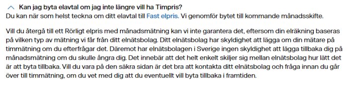 Skärmbild av Vattenfalls hemsida med information om att byta elavtal från timpris till fast elpris.