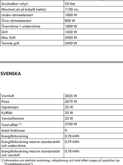 Bild på en instruktionsbok för spis med tekniska specifikationer på svenska inklusive effekt och energiförbrukning.