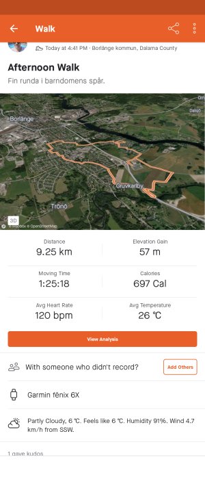 Kartvy av en 9,25 km lång promenadrutt markerad med orange linje i Borlänge kommun.