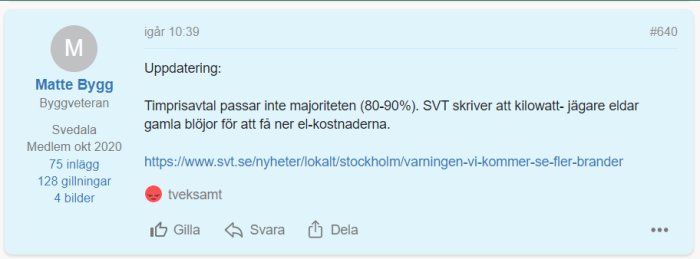 Skärmdump av foruminlägg av användaren Matte Bygg som diskuterar energiförbrukning och länkar till en SVT-artikel.