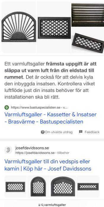 Tre olika varmluftsgaller avsedda för ventilation ovanför en eldstad.