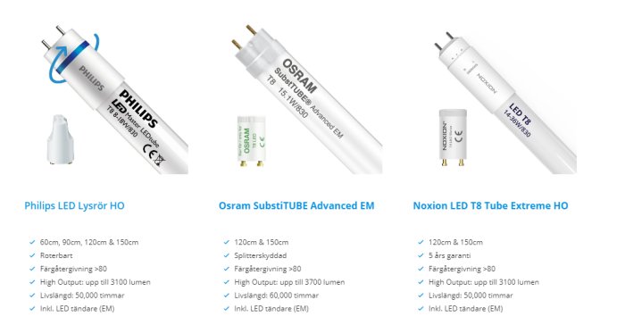 Jämförelse av tre LED-lysrör: Philips LED Lysrör HO, Osram SubstiTUBE Advanced EM och Noxion LED T8 Tube Extreme HO, med specifikationer.