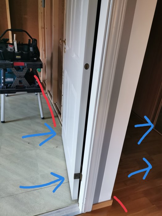 En vit dörr som är delvis öppen, med markeringar som visar hur den hänger snett.