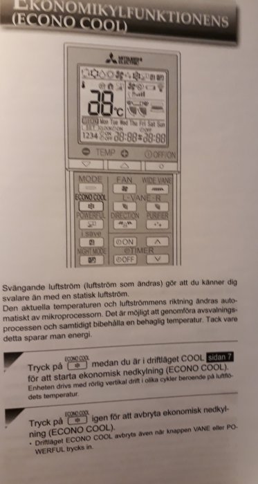 Fotografi av en sida i en handbok som visar en display för luftkonditioneringsenhetens ekonomifunktion samt instruktionstext.