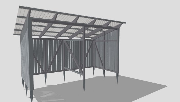 3D-modell av en byggnadskonstruktion anpassad för EUR-pallar med tak som täcker 30 cm från väggarna.