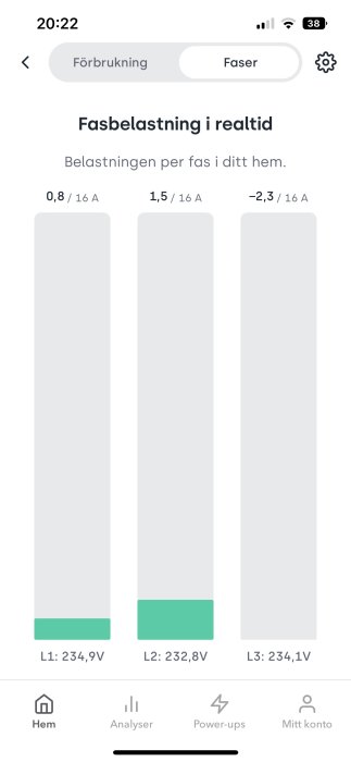 Skärmdump av en app som visar realtidsfasbelastning med en negativ belastning för fas L3.