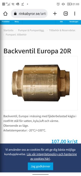 Mässingsbackventil modell Europa 20R avsedd för vatten, kyla och värme, visad på en produktinformationswebbsida.