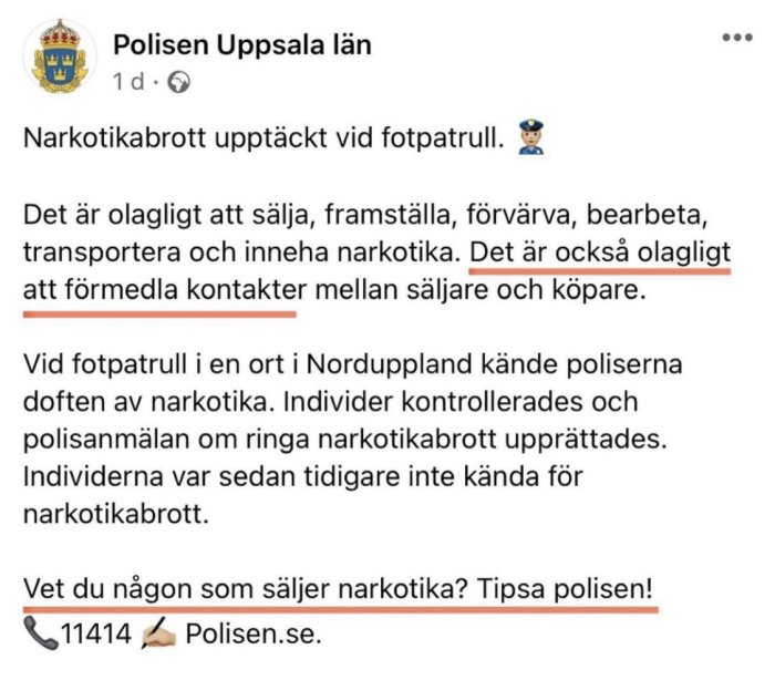 Skärmdump från Polisen Uppsala läns Facebook, information om narkotikabrott upptäckt under fotpatrull.