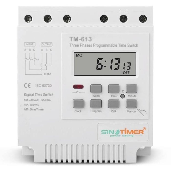 Programmerbar trefas-tidströmställare TM-613 med digital display och knappar.