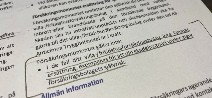 Försäkringsdokument med text om villkor där självrisk inte täcks av försäkringsbolaget.