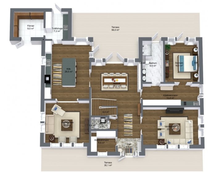 3D-ritning av en våningsplanslayout med namngivna rum och mått, inklusive kök, vardagsrum och terrasser.