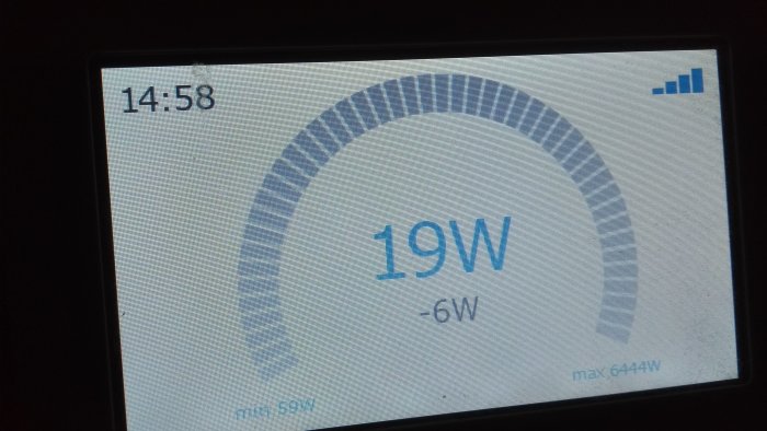 Displayvisning av IKEA Sparsnäs energimätare som visar 19W förbrukning.