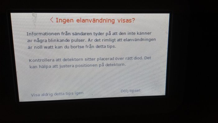 Digital display av energimätare med texten "Ingen elanvändning visas" och instruktioner om avläsning.