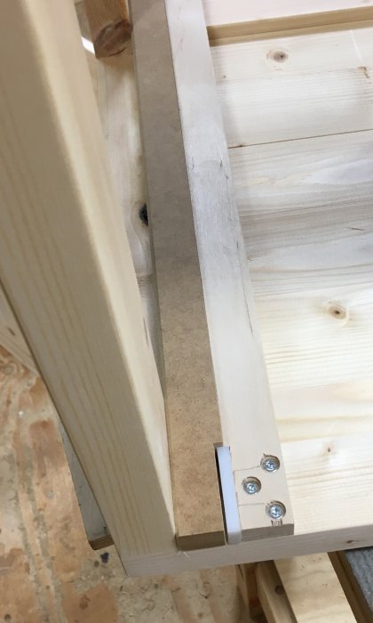 Närbild av en hantverksmässigt tillverkad låda med spår och glidlist i singelskåp, överfalsade kanter och skruvförband.