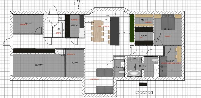 Planritning av en bostad med markerade rum och mått, inklusive kök, vardagsrum, badrum och sovrum.