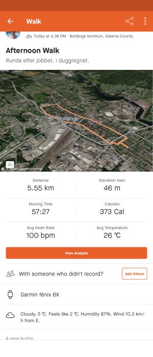 Satellitkarta över Borlänge med markerad vandringsrutt på 5,55 km och statistik över promenad.