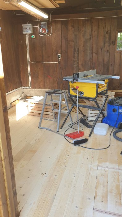 Renoverad snickarverkstad med ljust trägolv, timrade väggar och bordssåg.