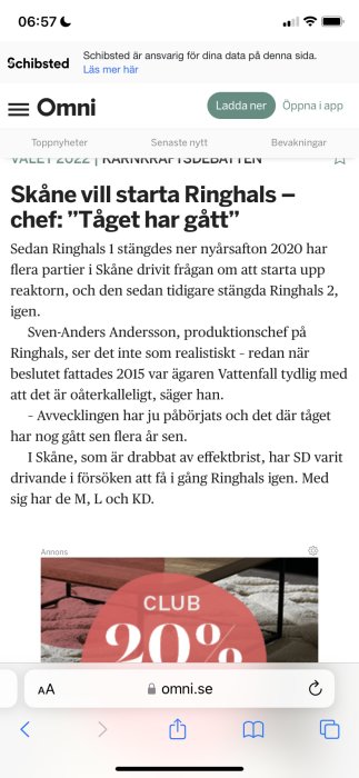 Skärmdump av nyhetsartikel med titeln "Skåne vill starta Ringhals – chef: 'Tåget har gått'" på omni.se webbsida.