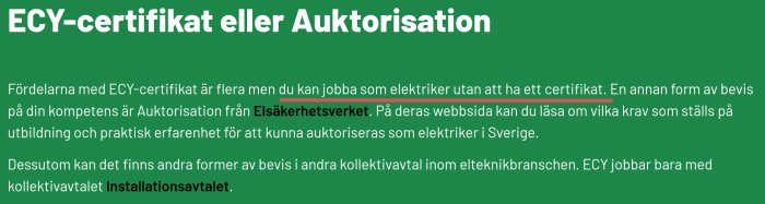 Skärmdump som visar information om ECY-certifikat eller Auktorisation för elektriker från Elsäkerhetsverket.