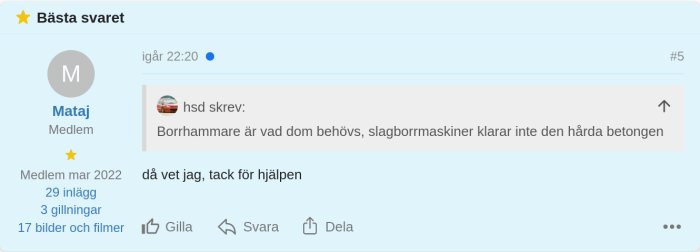 Skärmdump från diskussionsforum som visar ett inlägg markerat som "Bästa svaret".