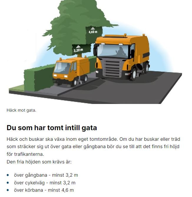 Illustration av två lastbilar vid kantsten med mätangivelser för fri höjd över väg och cykelbana.