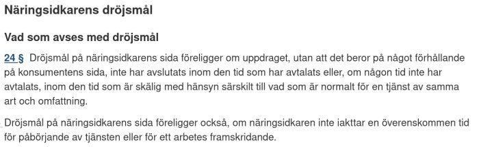 Skärmklipp av text från lagen om näringsidkarens dröjsmål, inkluderar paragraf 24 från Konsumenttjänstlagen.