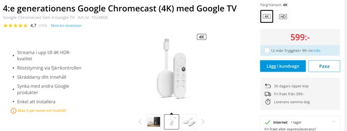 Google Chromecast (4K) med Google TV och fjärrkontroll visas bredvid produktinformation och pris 599 kronor.