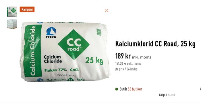 Säck med Kalciumklorid CC Road, 25 kg, för användning som torrboll.