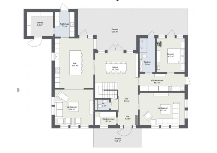 Planritning av ett minskat bottenplan med angivelser på rum och storlekar, inklusive kök, vardagsrum och sovrum.