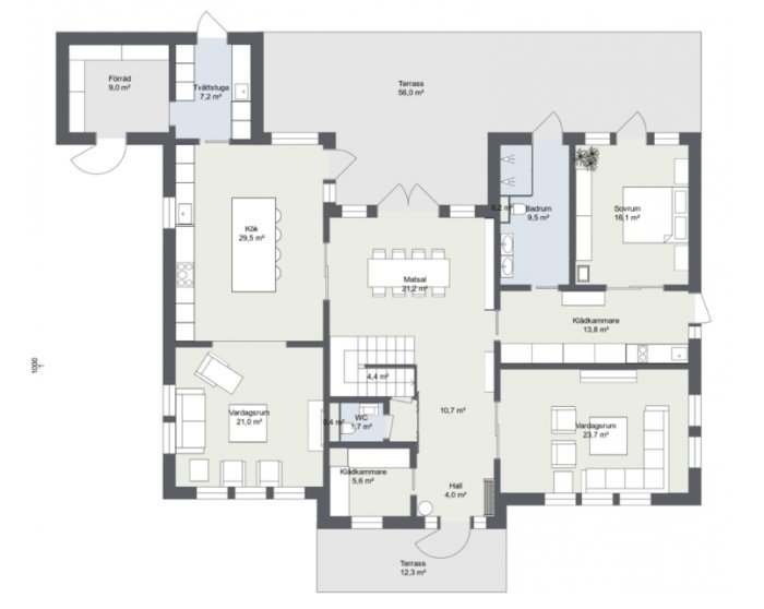 Översiktlig planlösning av en bostad med markerade rum som kök, vardagsrum, sovrum, terrass och klädkammare, med angivna ytmått.