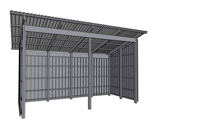 3D-modell av en träbaserad carport med öppna väggar och ett sluttande tak.