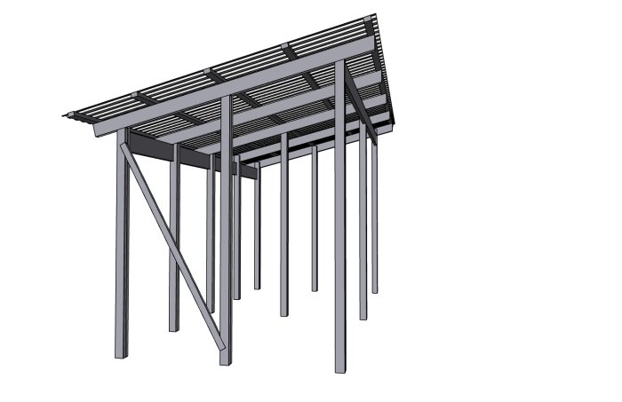 3D-modell av en modern pergola med slitsade takpaneler och stödben.