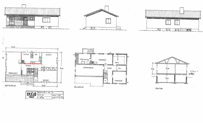 Pohjapiirros, jossa näkyy talon eri kerrokset ja poikkileikkaus. Punaisella merkityt seinät puretaan ja sinisellä merkittyä seinää siirretään.