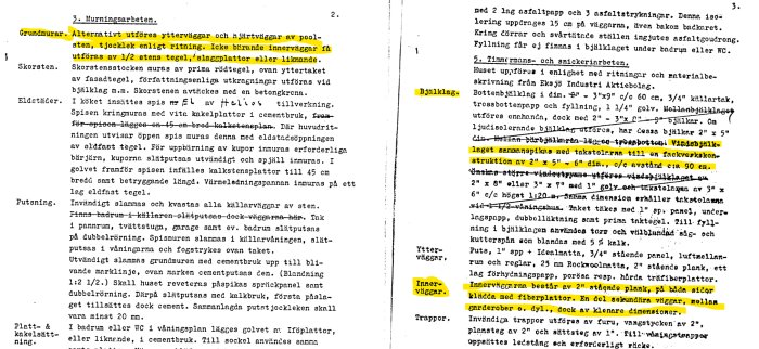 Vanha rakennussuunnitelmadokumentti, jossa korostetut kohdat käsittelevät perustusmurausta, kantavia seiniä ja vapaakannatteisia kattoristikoita.