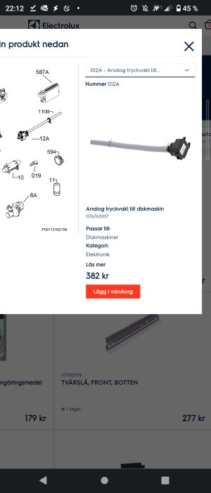 Skärmdump från en webbshop som visar en analog tryckvakt till diskmaskin och dess pris.