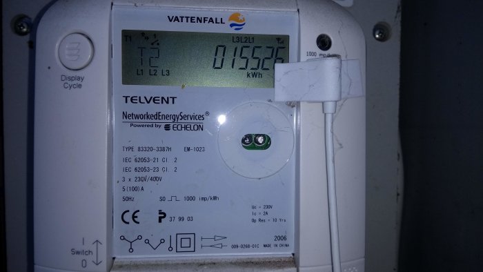 Elmätare märkt med Vattenfall som visar förbrukning för Tariff 1 och Tariff 2.