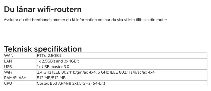 Teknisk specifikation för wifi-router med detaljer om WAN, LAN, USB, WiFi, RAM/FLASH och CPU.