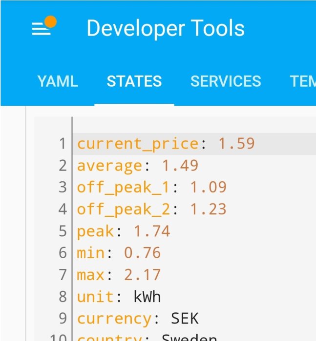 Skärmdump av energiförbrukningsdata med maxvärde 2.17 kWh och aktuellt pris 1.59 SEK.