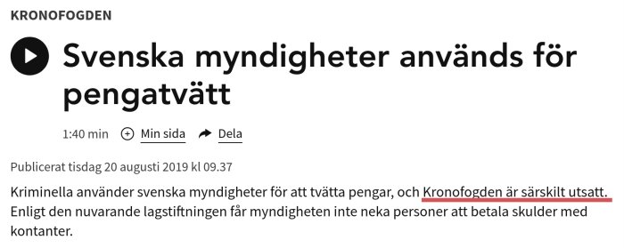 Skärmdump från Sveriges Radio om pengatvätt och Kronofogdens utsatthet.