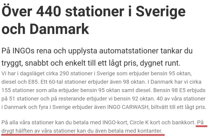 Text på webbsida som informerar om INGOs antal bensinstationer i Sverige och Danmark samt betalningsalternativ.
