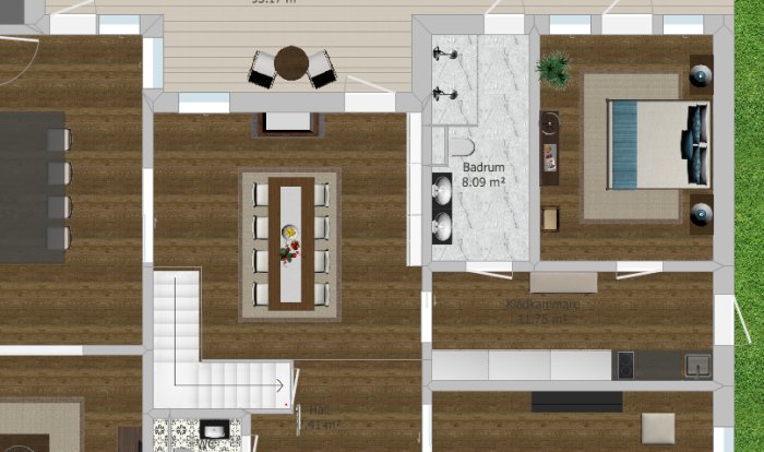 Översiktsplan av en bostad som visar en ny utformning av en trappa nära matsalsområdet.